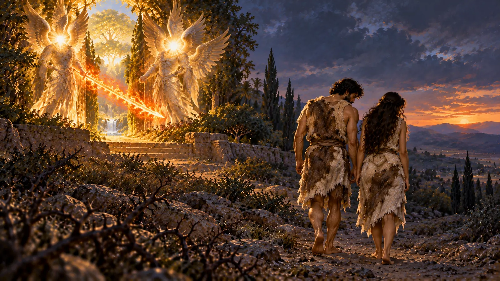 L'homme et la femme s'éloignent du jardin, vus de dos, tandis que deux chérubins lumineux et une épée de feu gardent l'entrée.