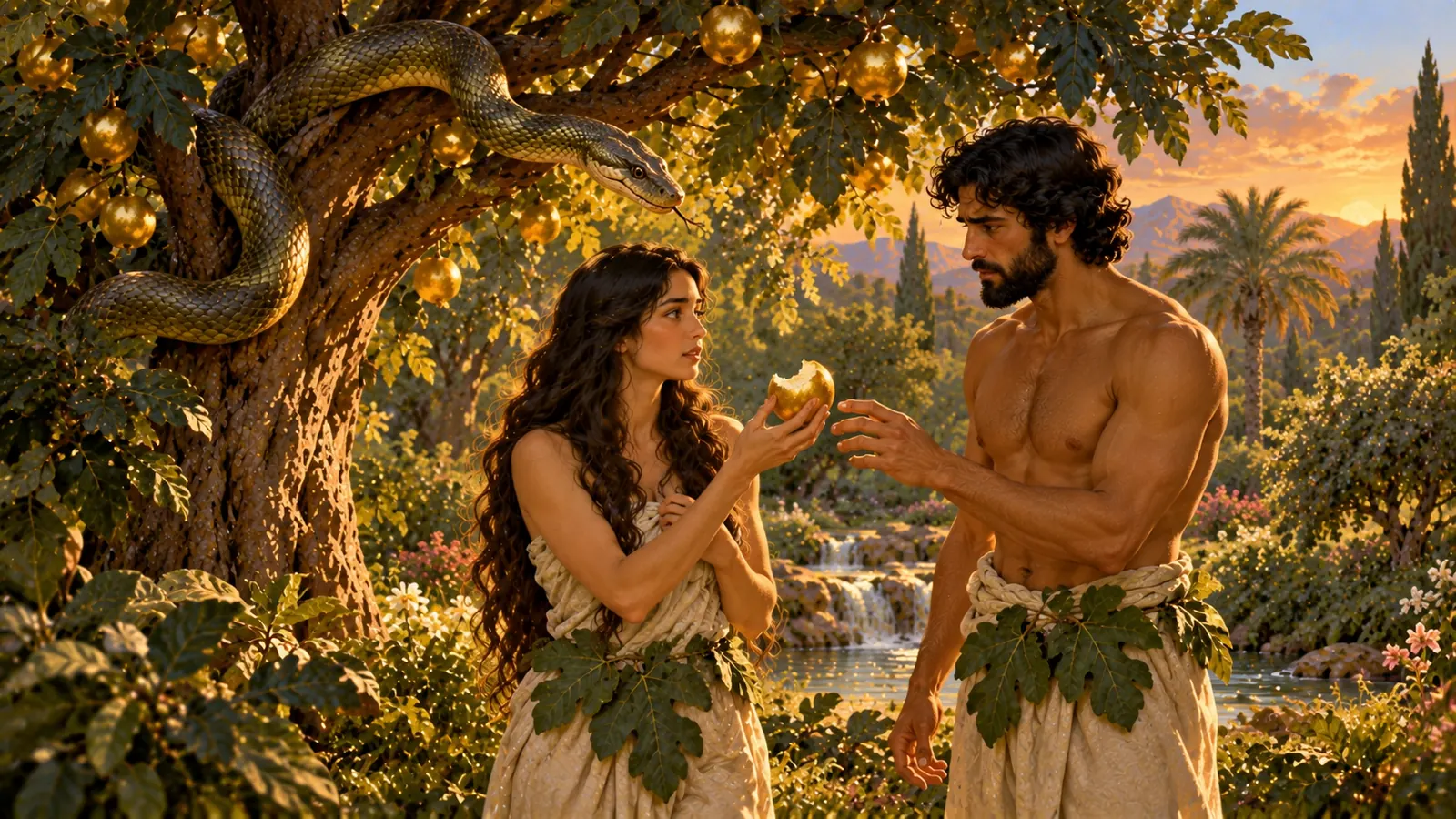 La femme tend à l'homme un fruit doré déjà croqué ; tous deux portent des ceintures de feuilles de figuier, sous le regard du serpent.