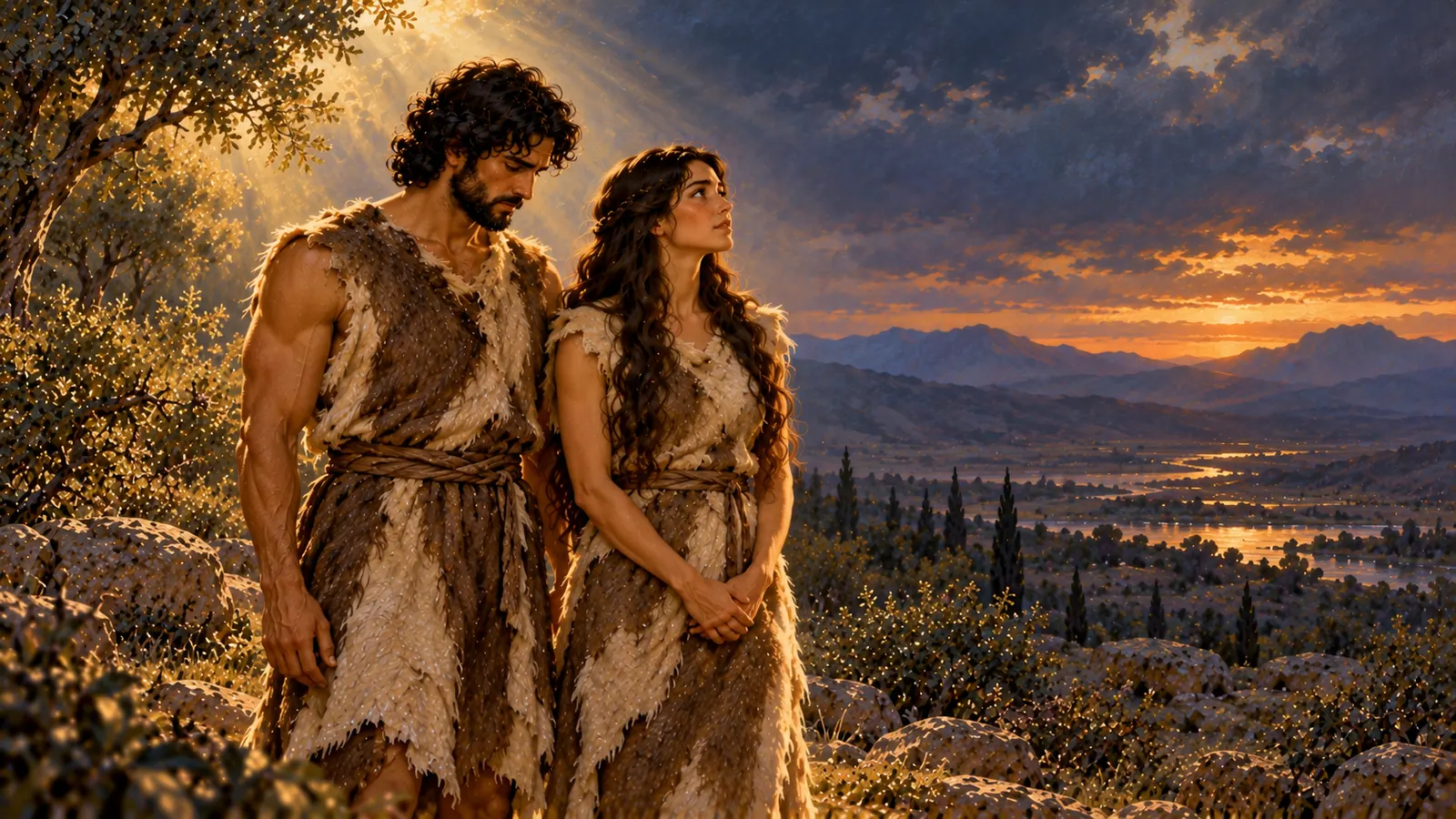 L'homme et la femme, vêtus de tuniques de peau, se tiennent côte à côte sous une douce lumière, au crépuscule.