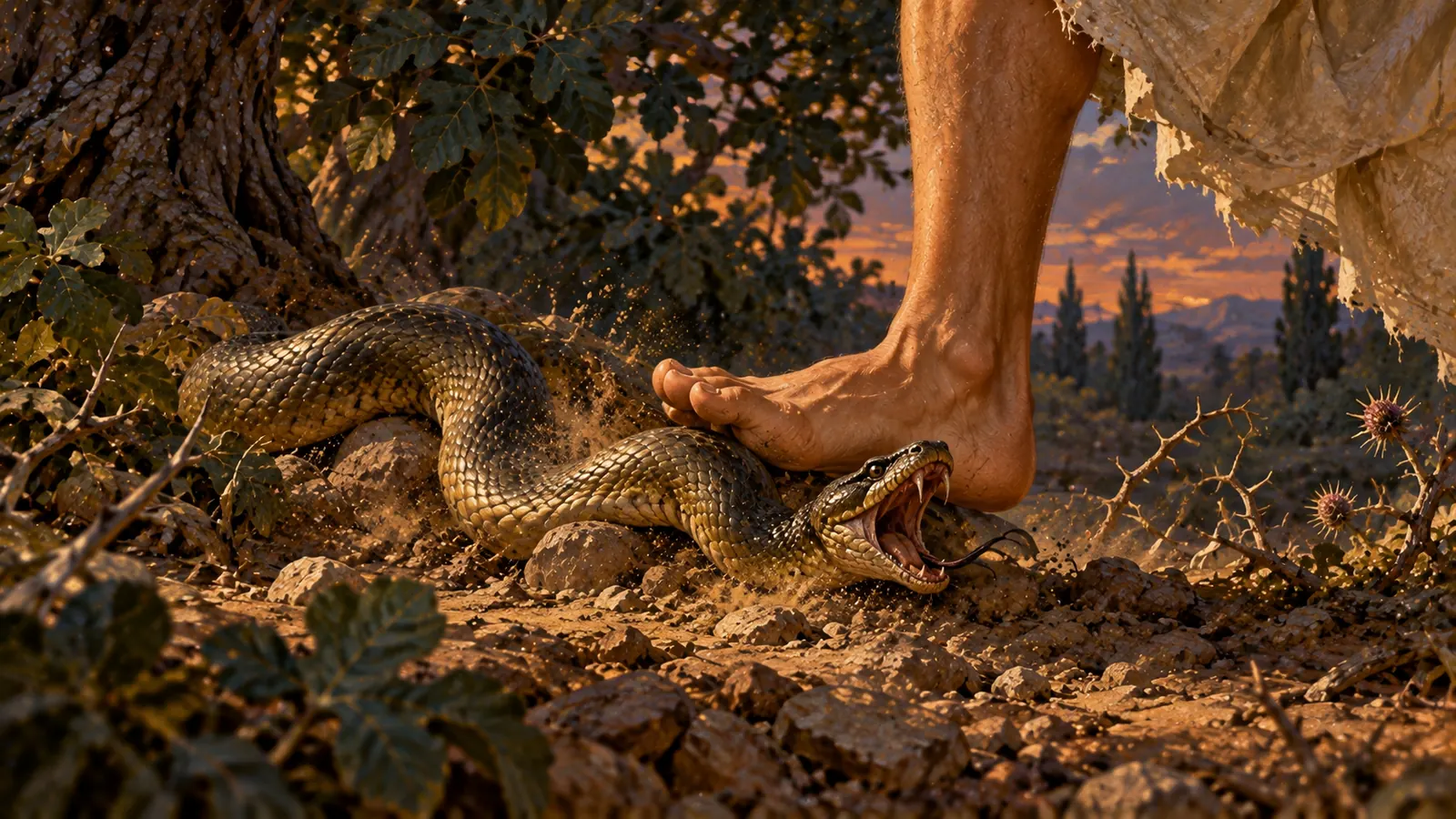Image symbolique : un pied humain se pose sur la tête d'un serpent rampant dans la poussière, qui tente de mordre.