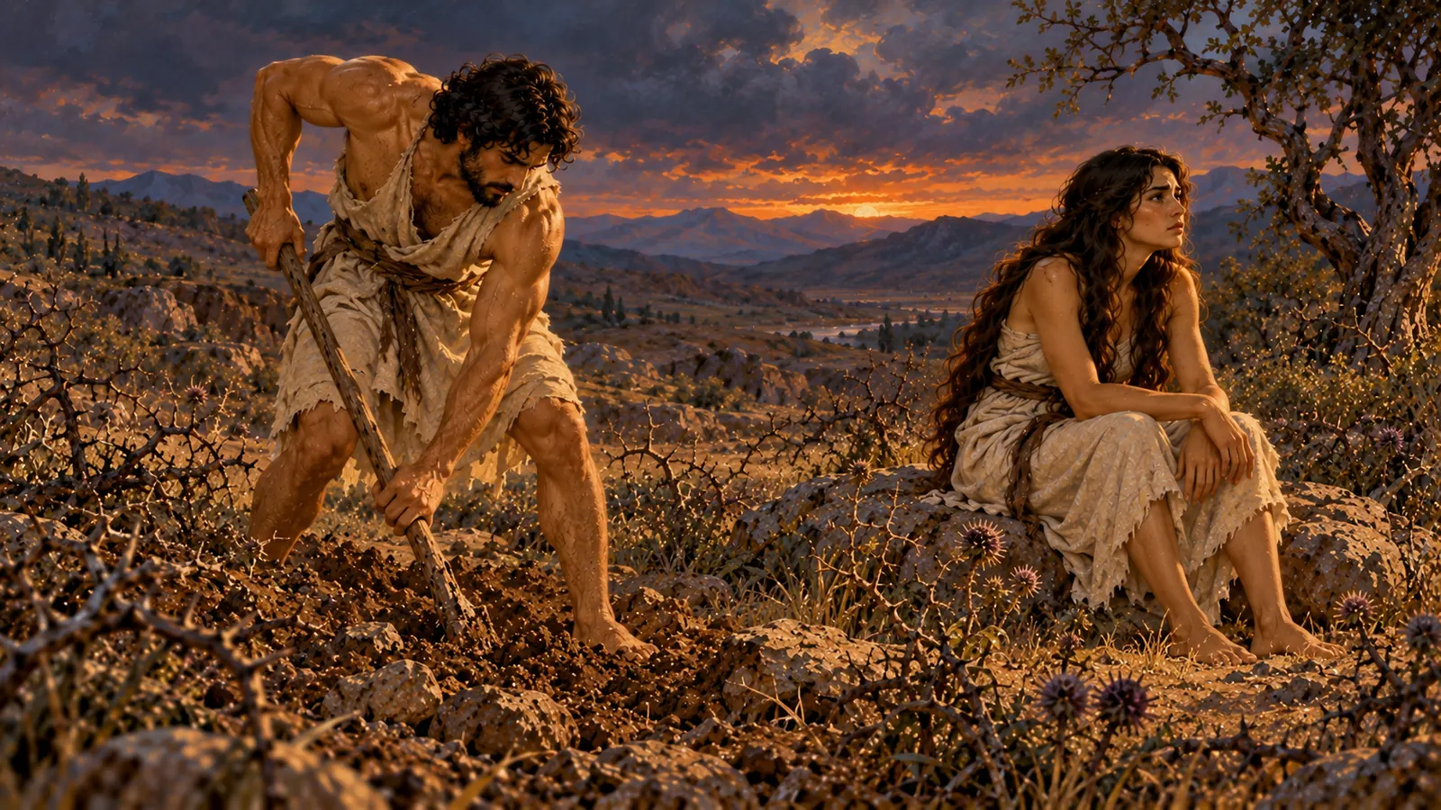 Au crépuscule, l'homme peine à travailler une terre pleine de pierres et de chardons, tandis que la femme, fatiguée, est assise sur un rocher.
