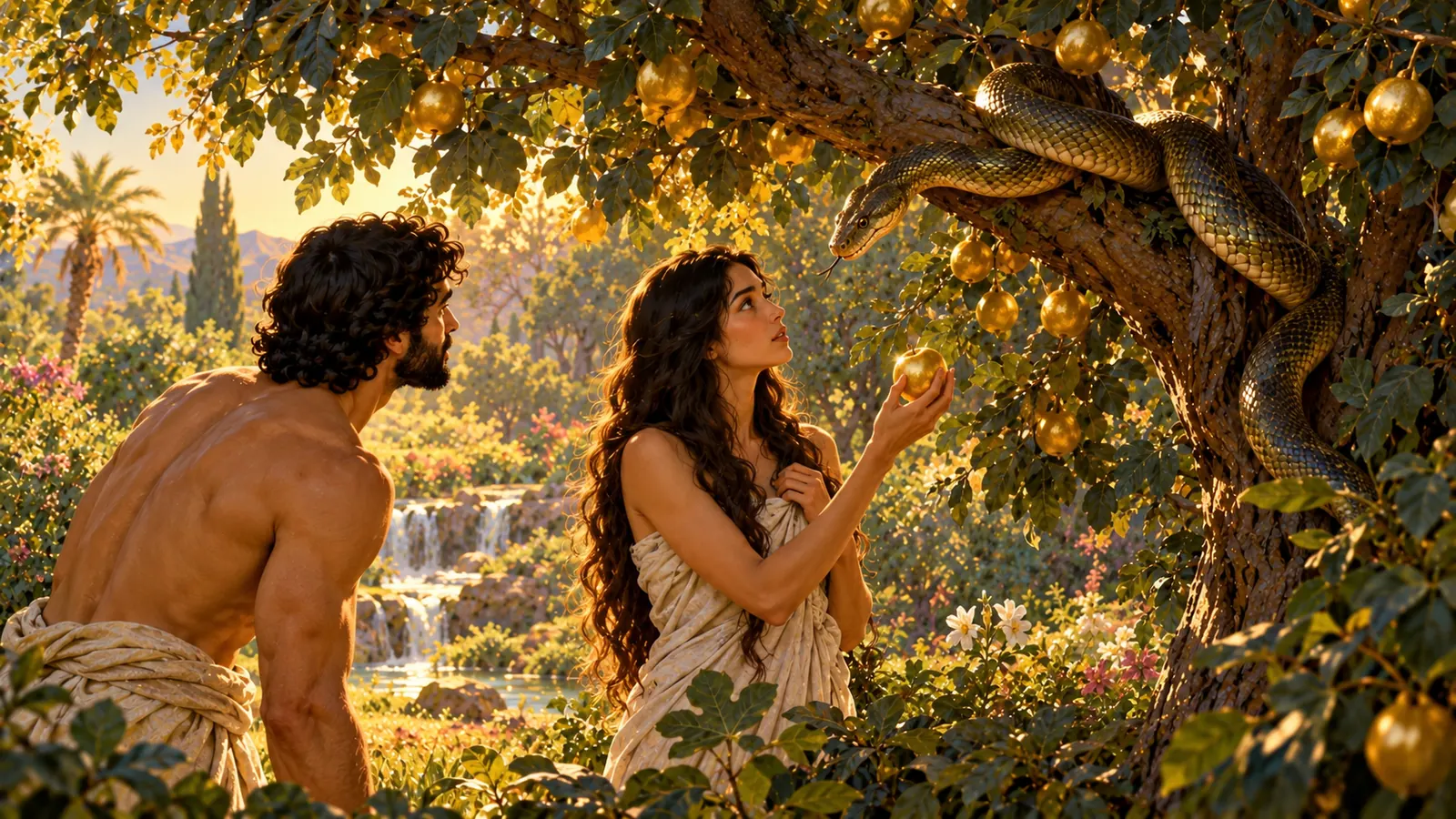 Sous l'arbre aux fruits dorés, un grand serpent enroulé sur une branche parle à la femme, qui tend la main vers un fruit ; l'homme regarde.