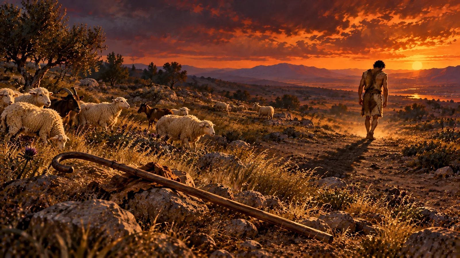 Au crépuscule, le bâton de berger d'Abel gît dans l'herbe près de ses moutons dispersés, tandis que Caïn s'éloigne au loin.