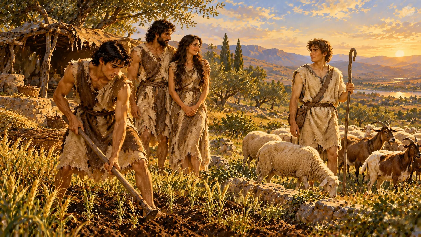 Près d'un abri de branches, Caïn travaille un champ d'orge tandis qu'Abel, bâton de berger en main, garde ses moutons ; Adam et Ève les regardent.