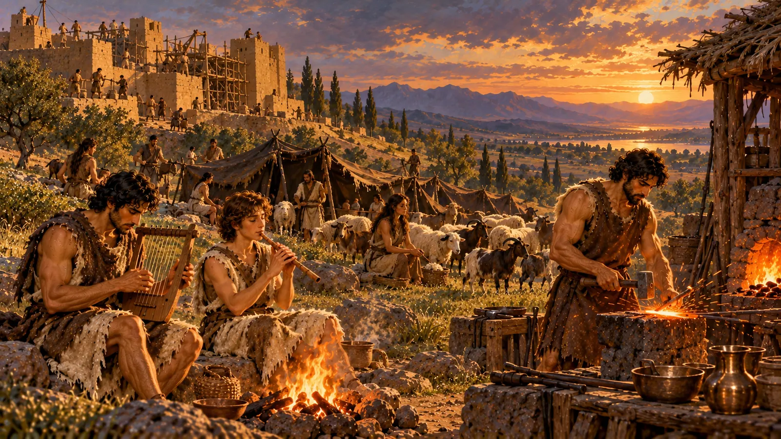Une ville en construction sur une colline, des tentes et des troupeaux, deux musiciens jouant de la harpe et de la flûte, et un forgeron frappant le métal.