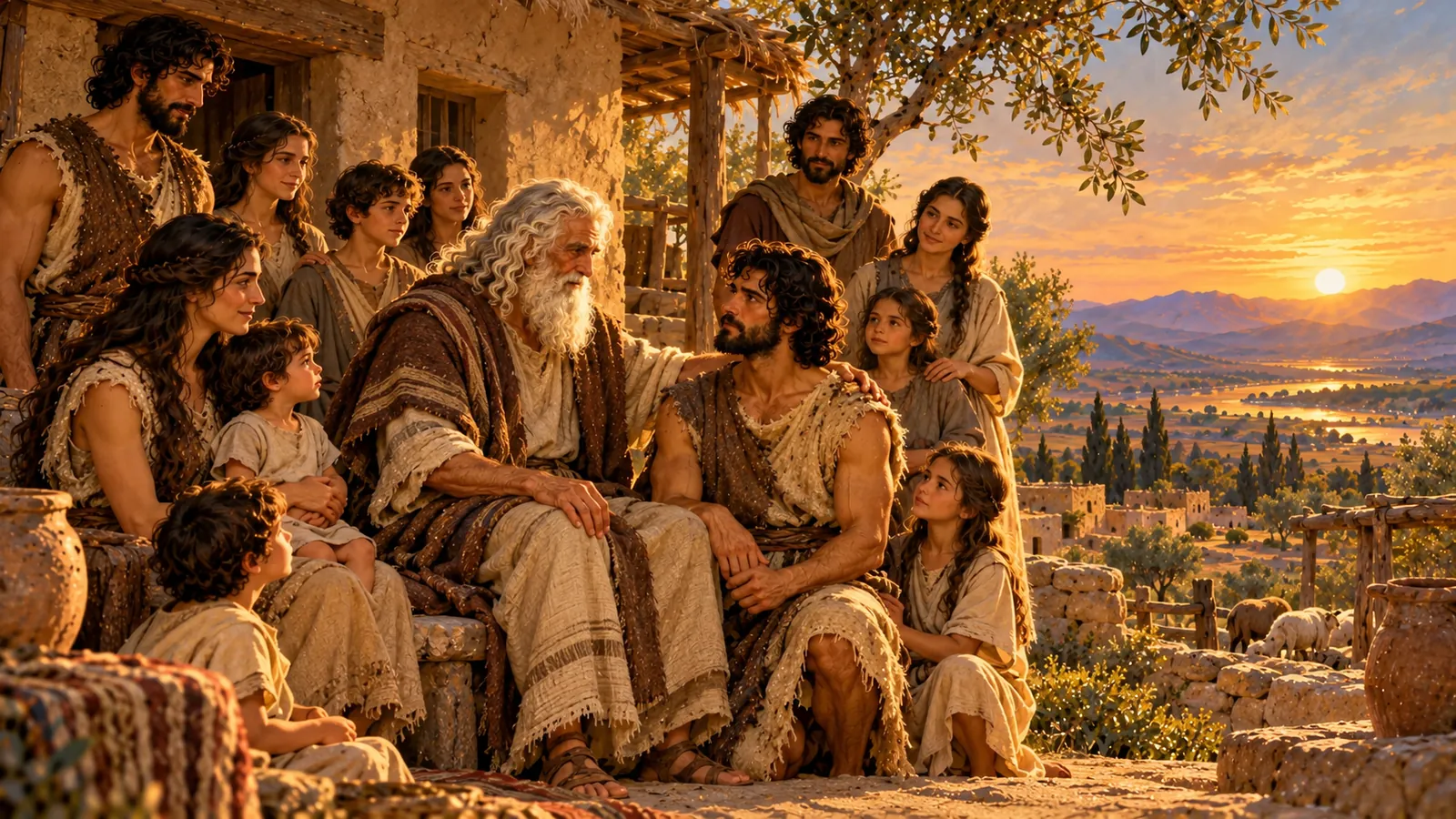 Adán, muy anciano, sentado delante de su casa al atardecer, con la mano en el hombro de su hijo Set, que se le parece, rodeado de muchos descendientes.