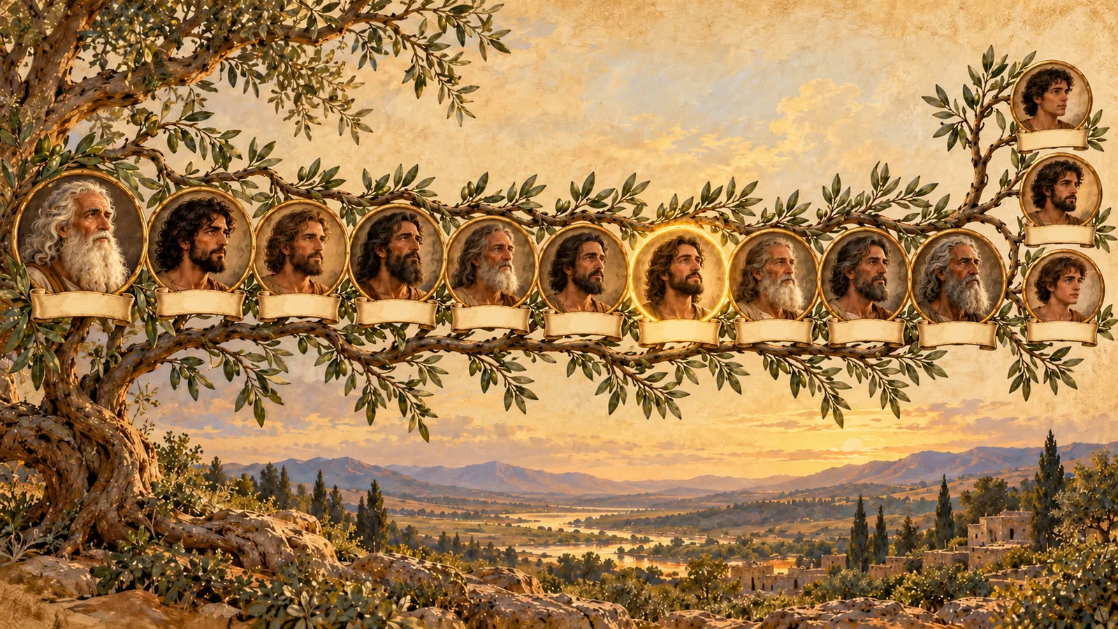 Árbol genealógico pintado: una rama de olivo une diez medallones con retratos, de Adán a Noé, y luego se divide en tres más pequeños para sus hijos.