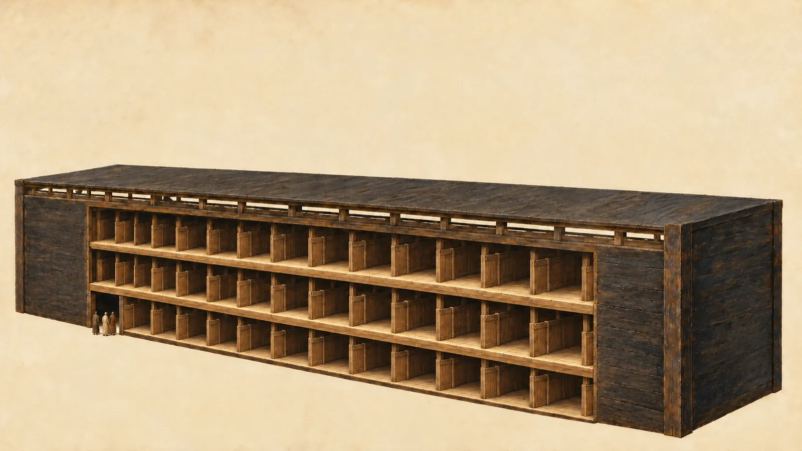 Cutaway diagram of the ark: a huge rectangular wooden box with three decks divided into rooms, a door in the side and an opening under the roof.