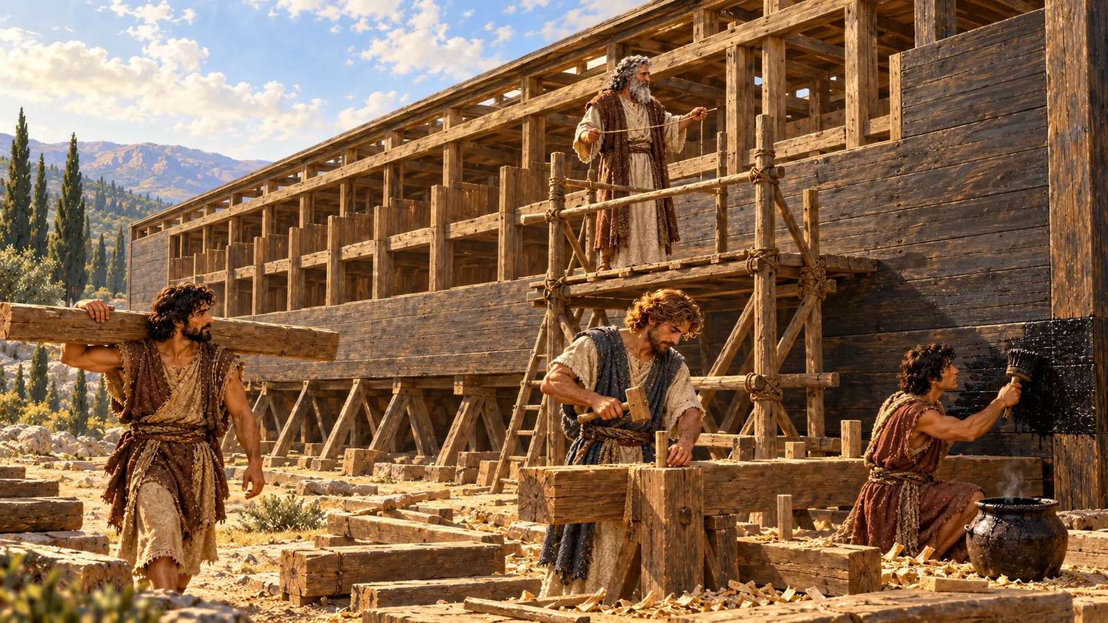 Noah and his sons build the ark: one carries a beam, one hammers pegs, the third coats the hull with pitch.