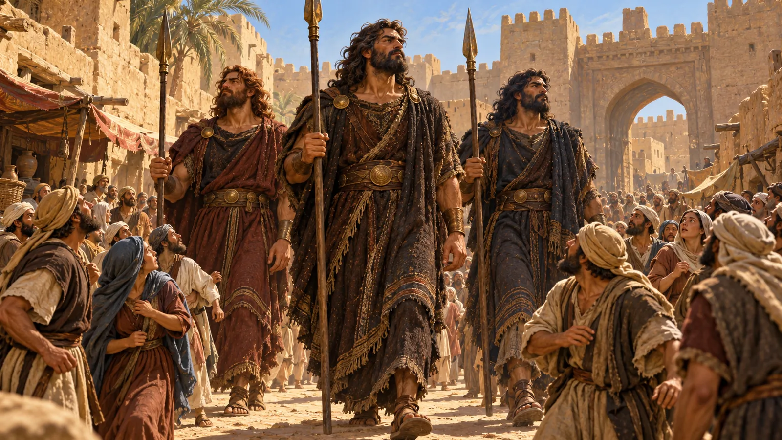 In a crowded street of an ancient city, three huge men dressed in dark robes, spears in hand, walk through the crowd, which steps aside in fear.