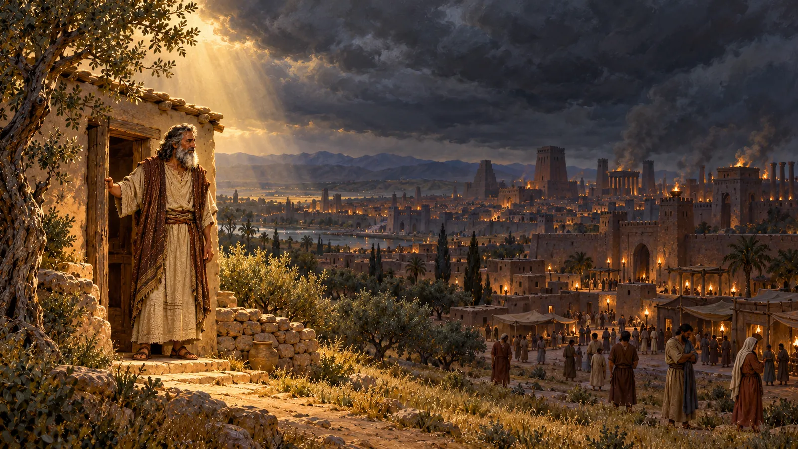 A large dark city under a heavy sky; apart from it, on a hill, a single beam of light falls only on Noah's house.
