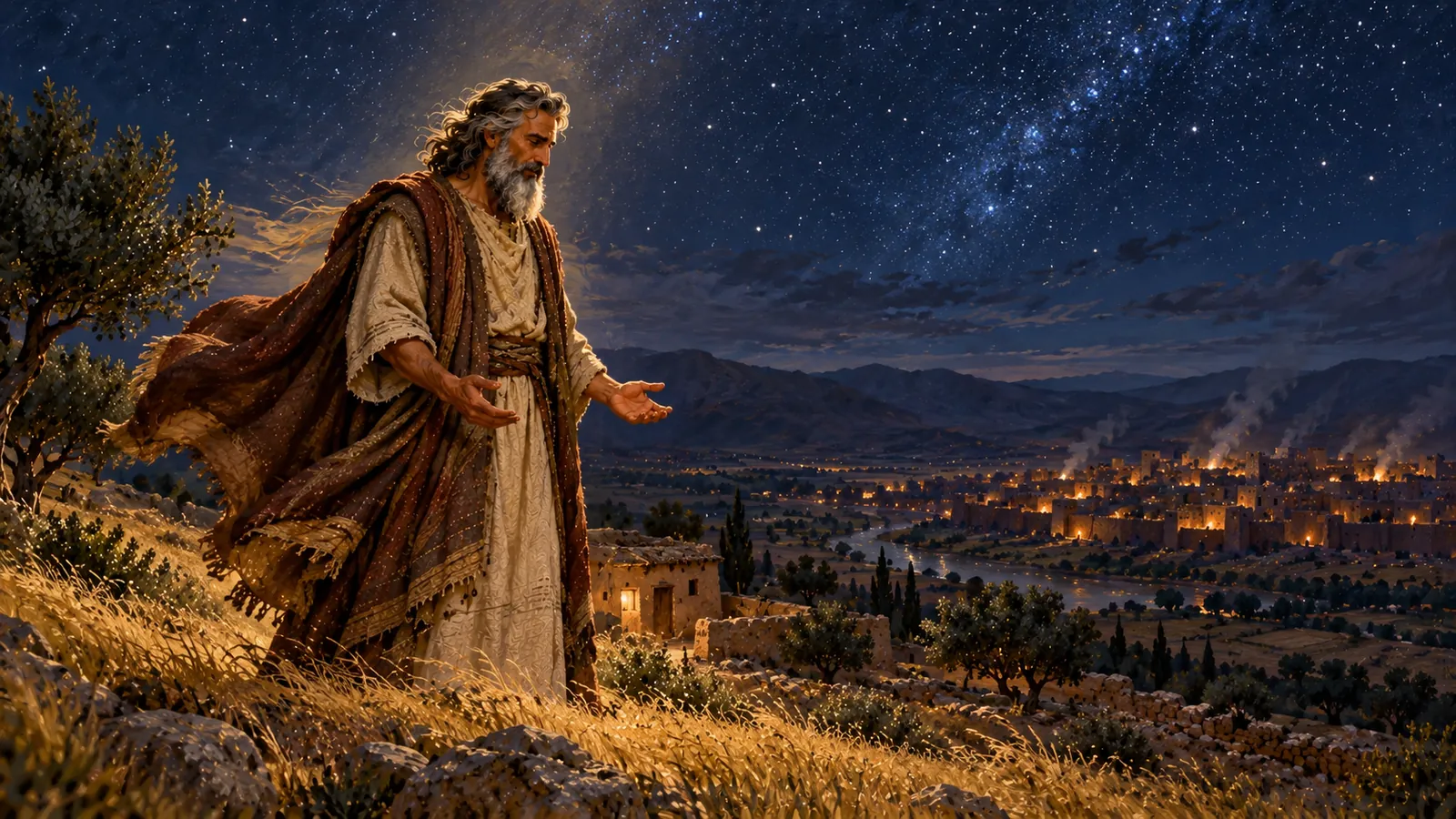 At night, under the stars, Noah stands alone on a hill, hands open, the wind in his cloak; below, the restless lights of the city.