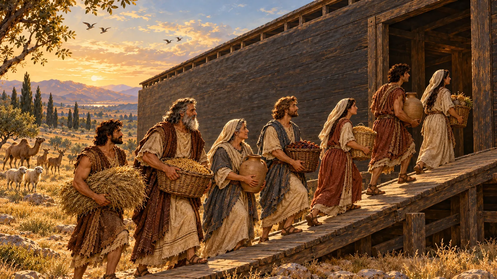 In front of the ark, Noah's family carries provisions up a ramp; in the distance, animals arrive two by two.