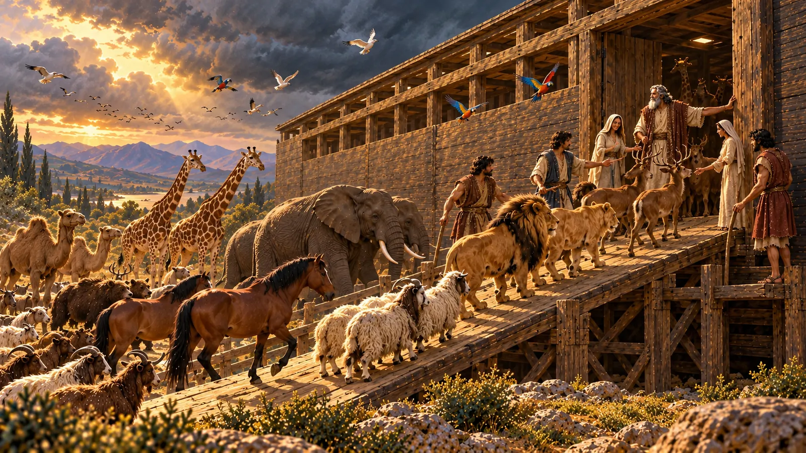 Los animales suben la rampa del arca de dos en dos, leones, elefantes, caballos y ovejas, guiados por la familia de Noé.