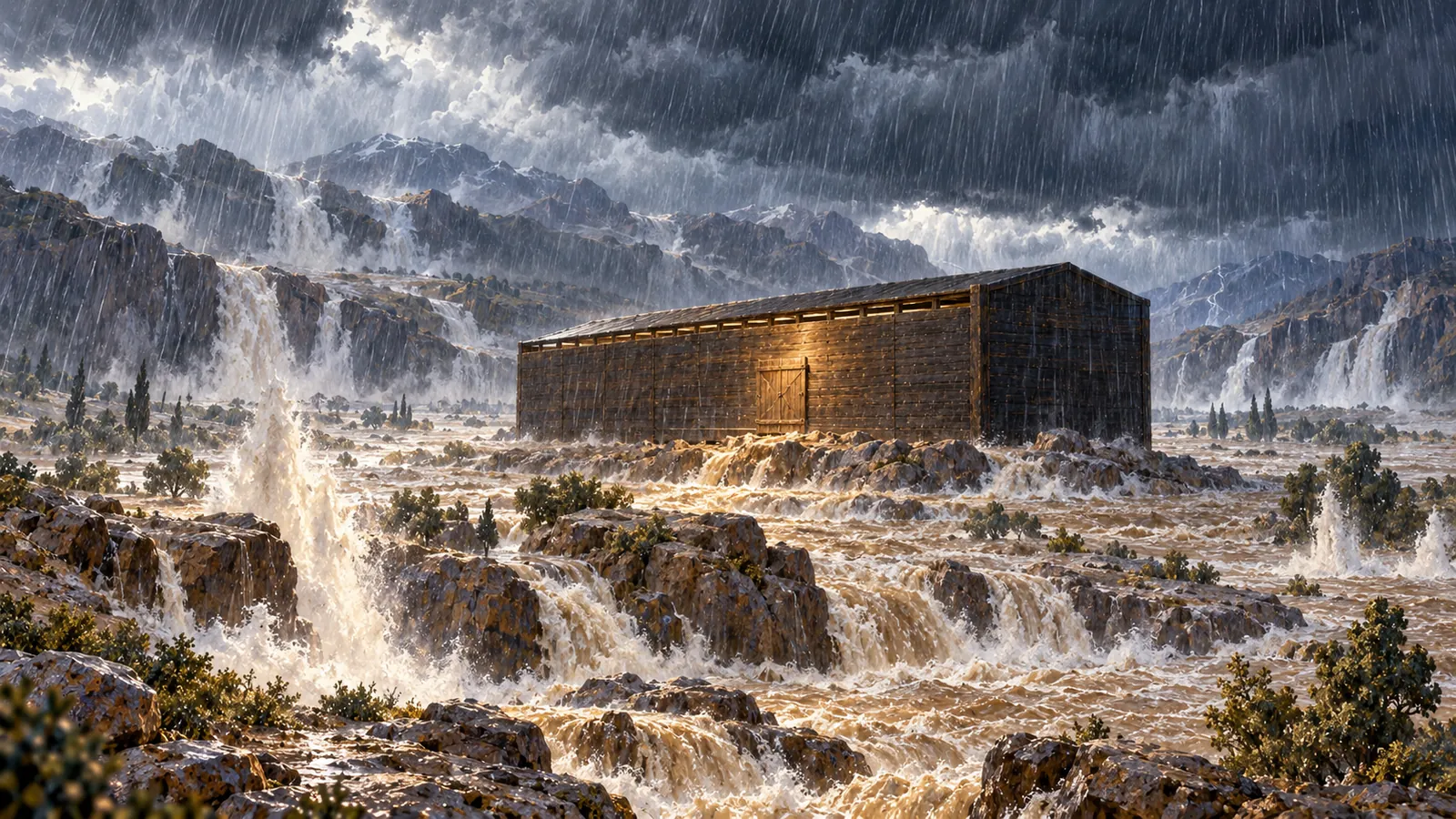 Bajo una lluvia torrencial, brotan fuentes de las rocas y las aguas invaden la llanura; el arca, con la puerta cerrada y tocada por una luz suave, permanece a salvo.