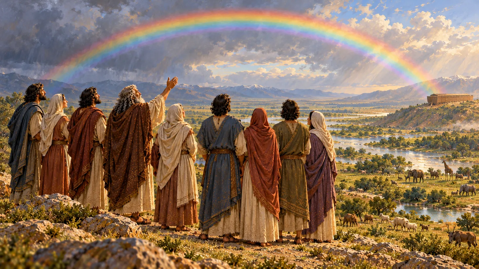 Vista di spalle su una collina, la famiglia di Noè contempla un grande arcobaleno sopra una valle verde dove pascolano gli animali; l'arca riposa in lontananza.