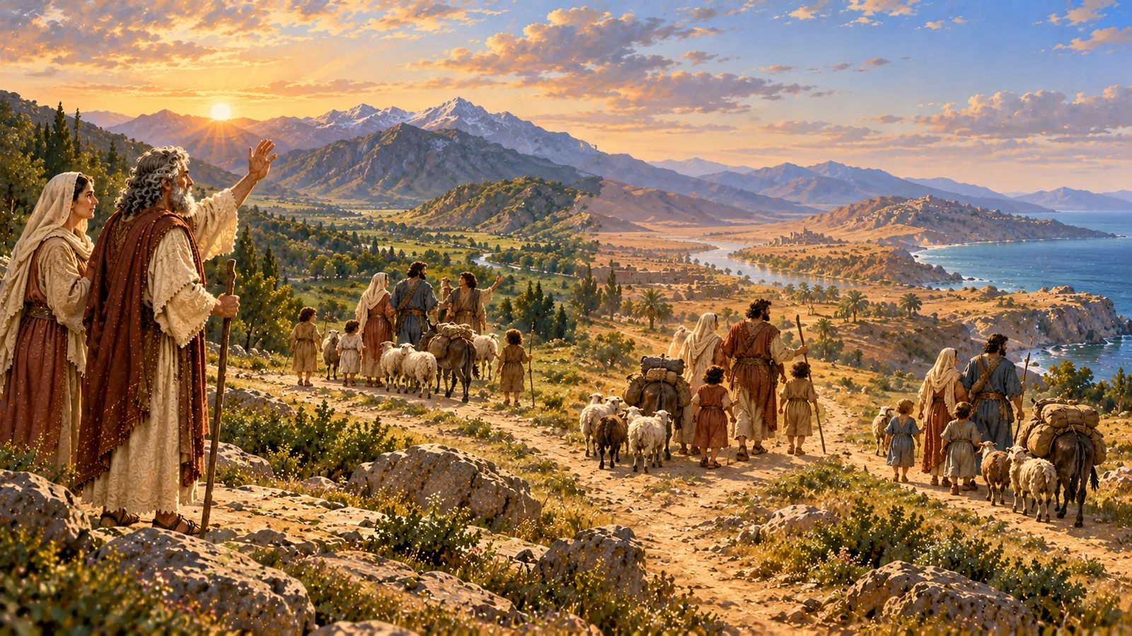 All'alba, Noè e sua moglie salutano con la mano i tre figli che partono con le loro famiglie, gli asini e le pecore verso i monti, le pianure e il mare.