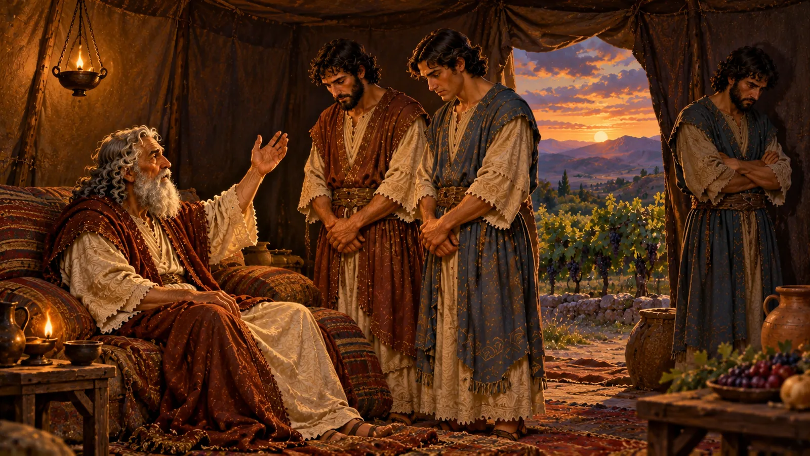In una tenda illuminata da una lampada a olio, il vecchio Noè parla con gravità, la mano alzata; due dei suoi figli ascoltano a capo chino, il terzo se ne sta in disparte.