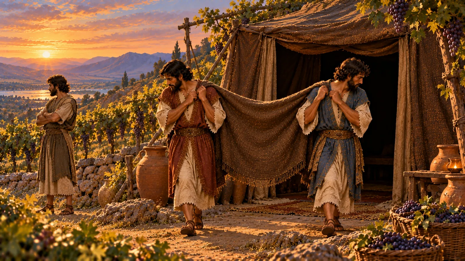 Al crepuscolo, in una vigna, due fratelli camminano all'indietro verso una tenda, con un grande mantello sulle spalle e il volto rivolto altrove, mentre il terzo se ne sta in disparte a braccia conserte.